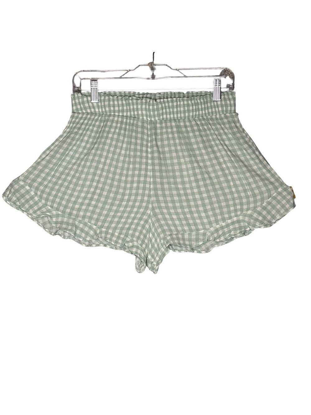 Hippie Rose High Waist Green Checkered Rayon Shorts Medium